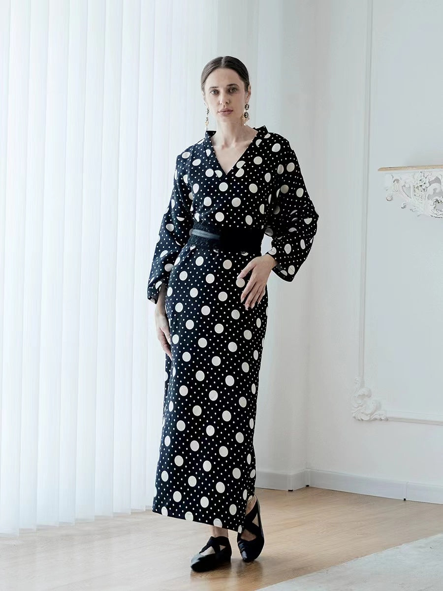 Elegant Plus Size Printed Polka Dot Black Long Sleeve Long Dresses