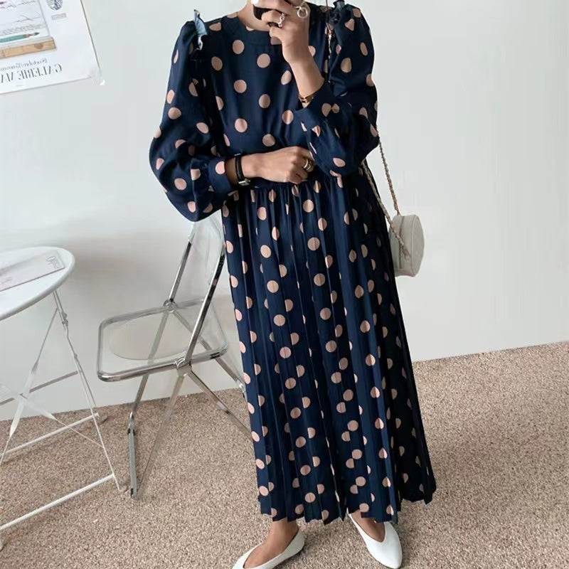 Women's Round Neck Long Sleeve Polka Dot Dresses