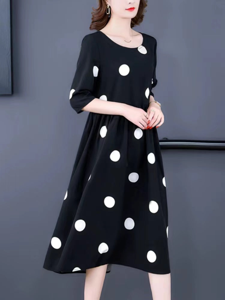 Round Neck Polka Dot Color Clash Short Sleeve Dress