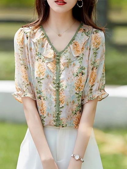 Elegant V-Neck Floral Printed Color Block Short Sleeve Top