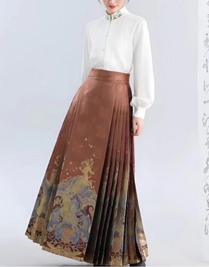 Elegant Vintage Pleated Dragon Print Tie Skirt