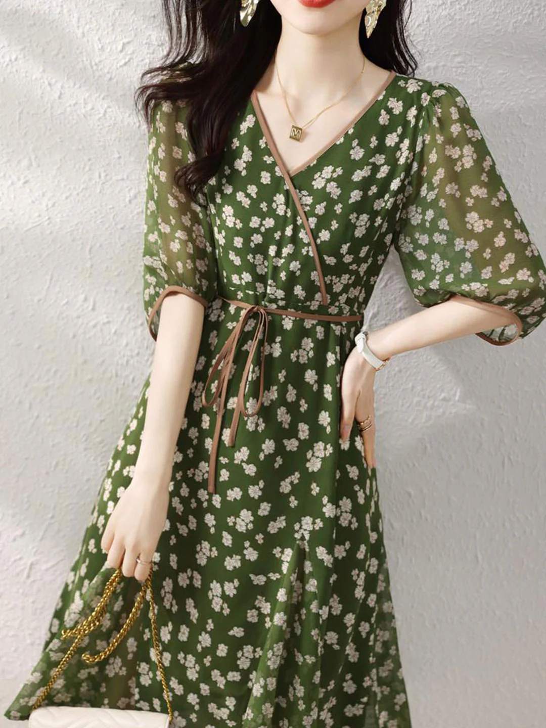 French Floral Wrap Waist Color Clash Short Sleeve Dress