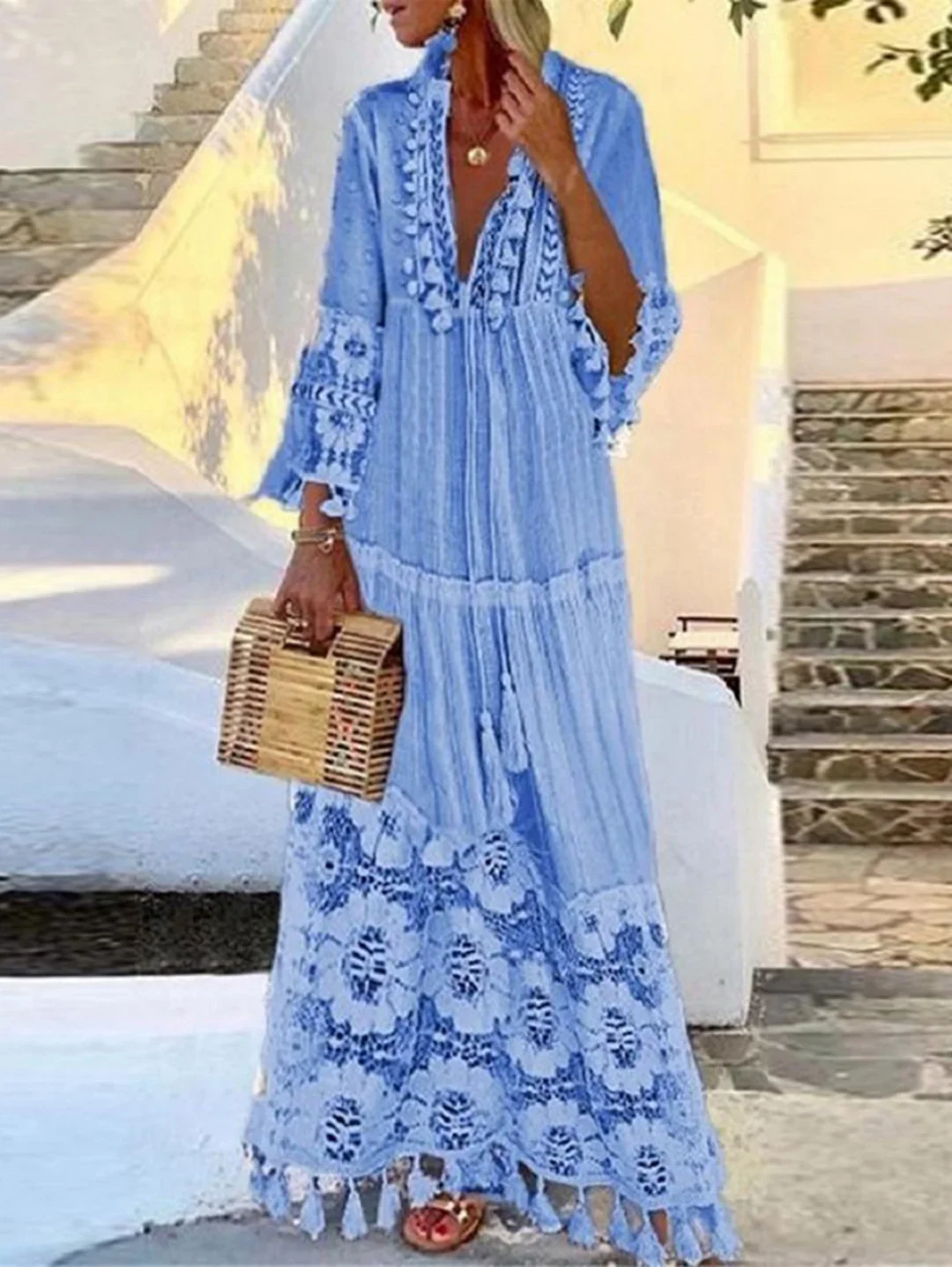 Bohemian Deep V-Neck Lace Fringe Long Dress