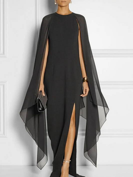 French Split Hem Cape Sleeve Extra Long Dress