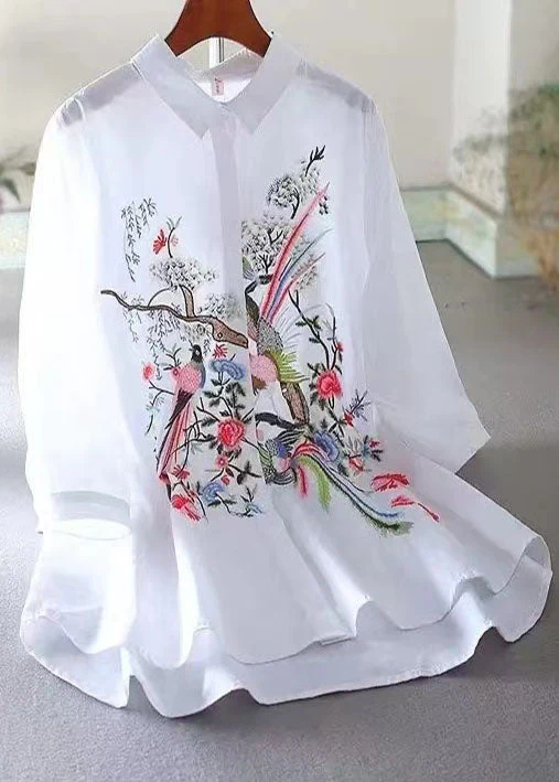 Women's Plus Size White Cotton Top Embroidered Hand Spring