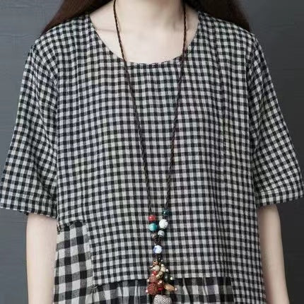 Vintage O Neck Patchwork Plaid Linen Loose Dress