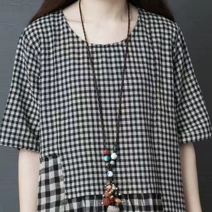 Vintage O Neck Patchwork Plaid Linen Loose Dress