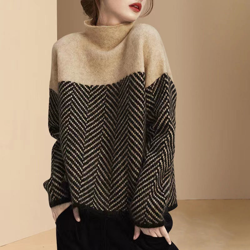 High neck color clashing knit pullover winter