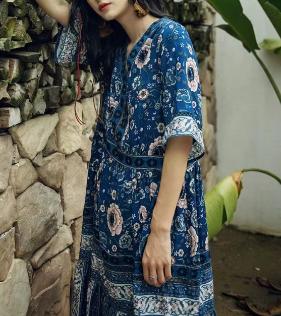 Bohemian Beach V-Neck Printed Short Sleeve Dress