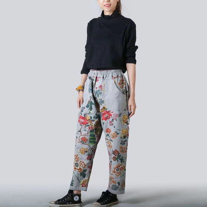 Pocket Printed Trousers Straight Leg Denim Stretch Waist