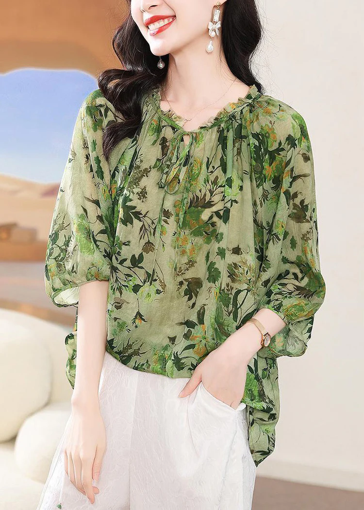 Elegant Ruffle Tie Print Short Sleeve Shirt