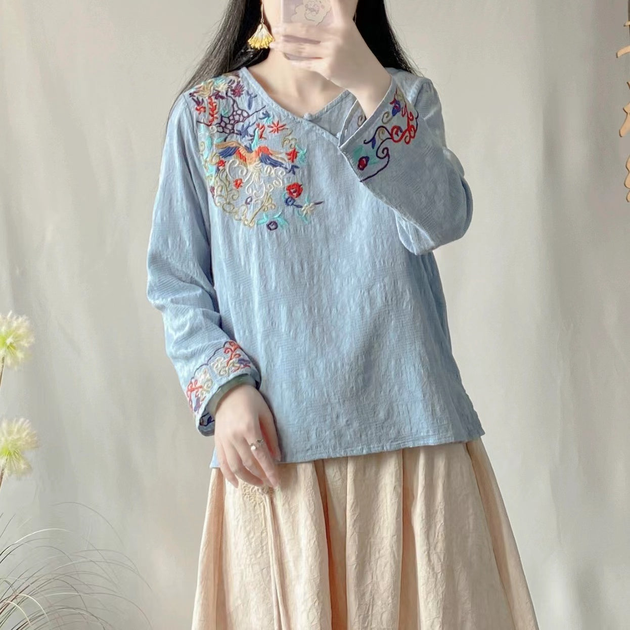 Casual V-Neck Embroidered Asymmetric Cotton Long Sleeve Shirt Top