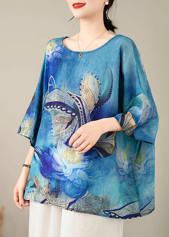 Loose Round Neck Printed Top Short Sleeve Bat Sleeve