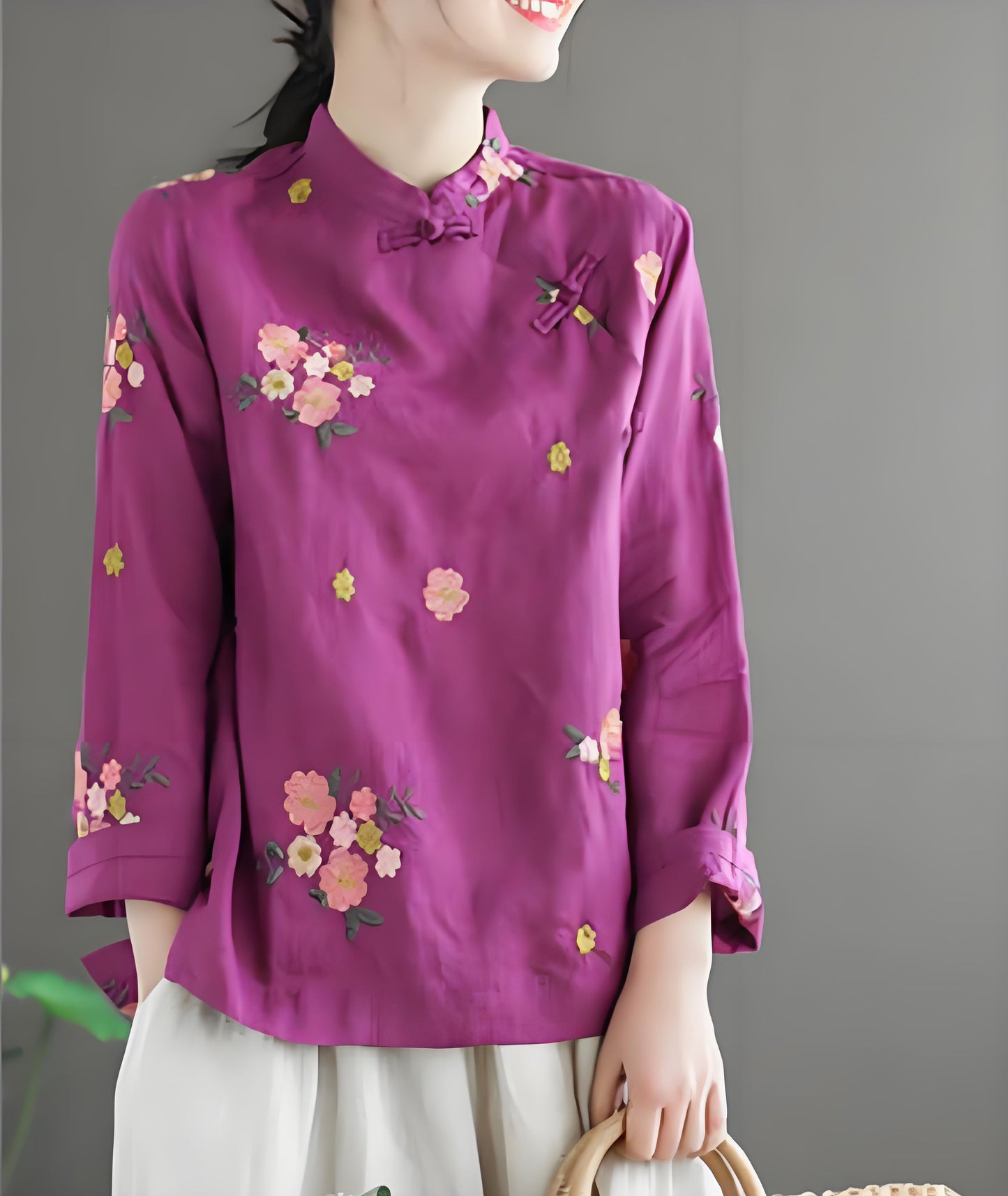 Yellow Chinese Standing Collar Floral Embroidery Linen Long Sleeve Shirt Spring