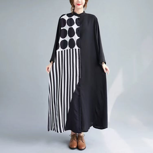 Women's Patchwork Black Cardigan Cotton Long Sleeve Dress Spring