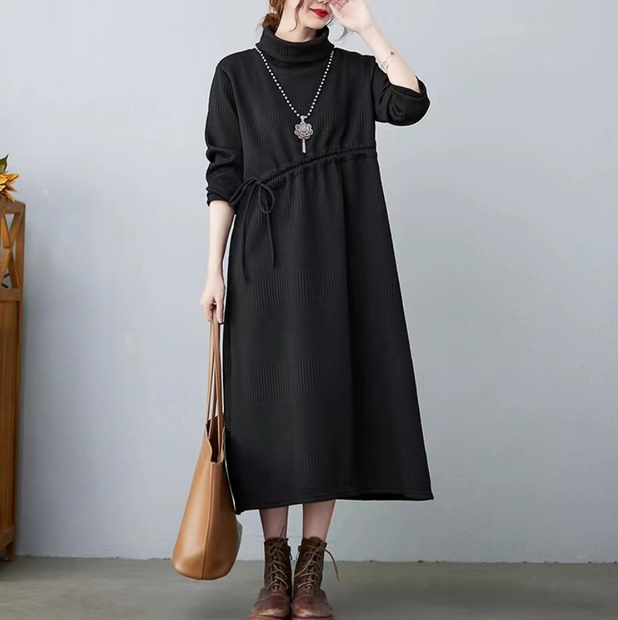 Elegant High Neck Drawstring Knit Loose Dress