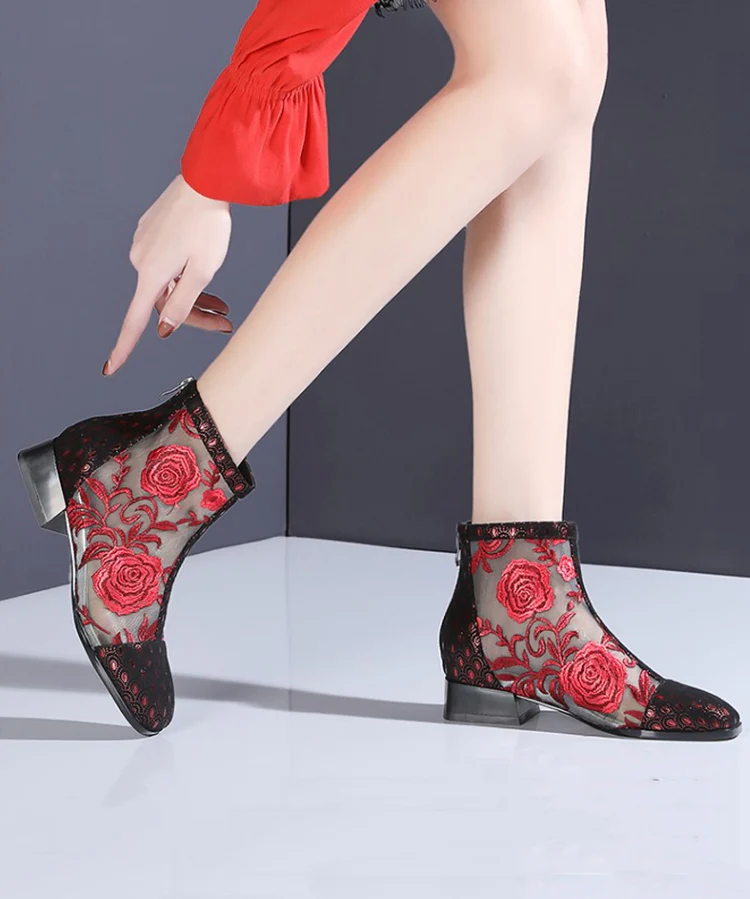 Skeleton Breathable Mesh Patchwork Floral Boots