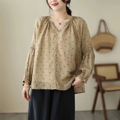 Elegant Printed Polka Dot V-Neck Linen Long Sleeve Shirt Top