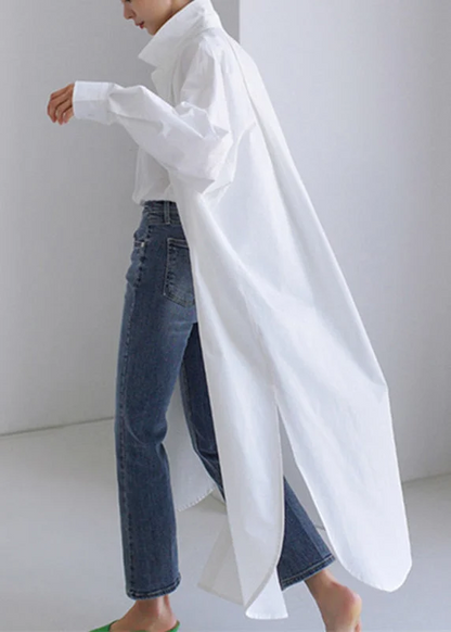 Women's Italian White Peter Pan Collar Asymmetric Cotton Long Sleeve Shirt Spring Break