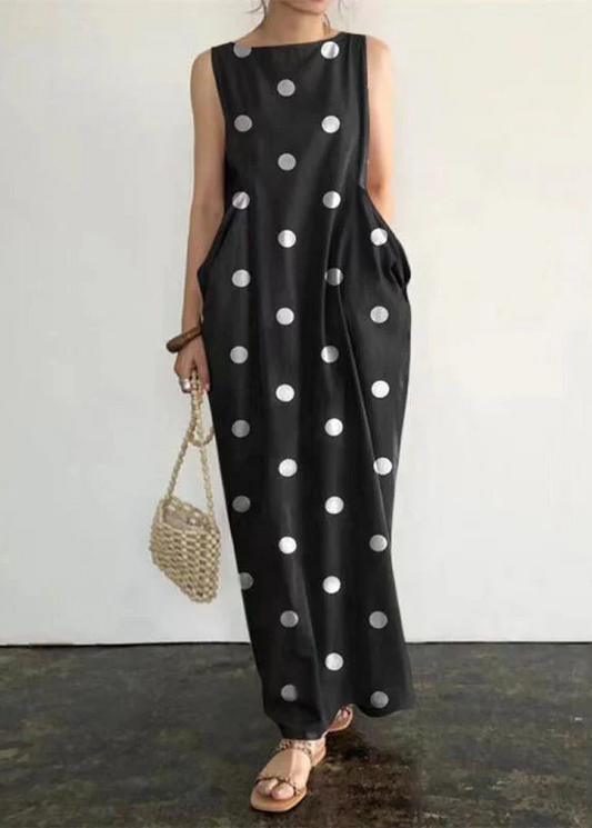 Colorblocked Polka Dot Print Pocket Long Sleeveless Dress