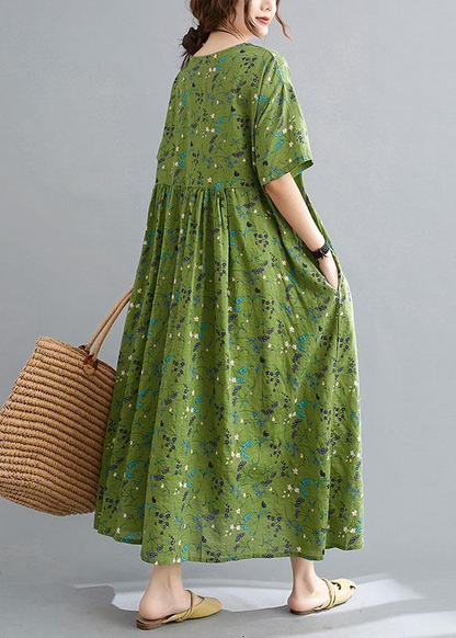 Simple O Neck Printed Loose Long Dress Half Sleeve