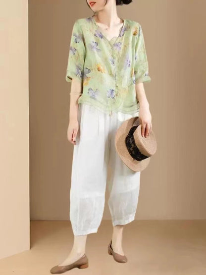 Fashion Ruffle Button Patchwork Linen Shirt