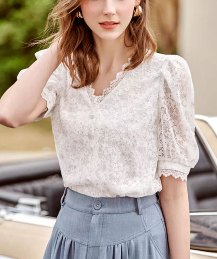 Elegant V-Neck Hollow Out Patchwork Short Sleeve Shirt Top