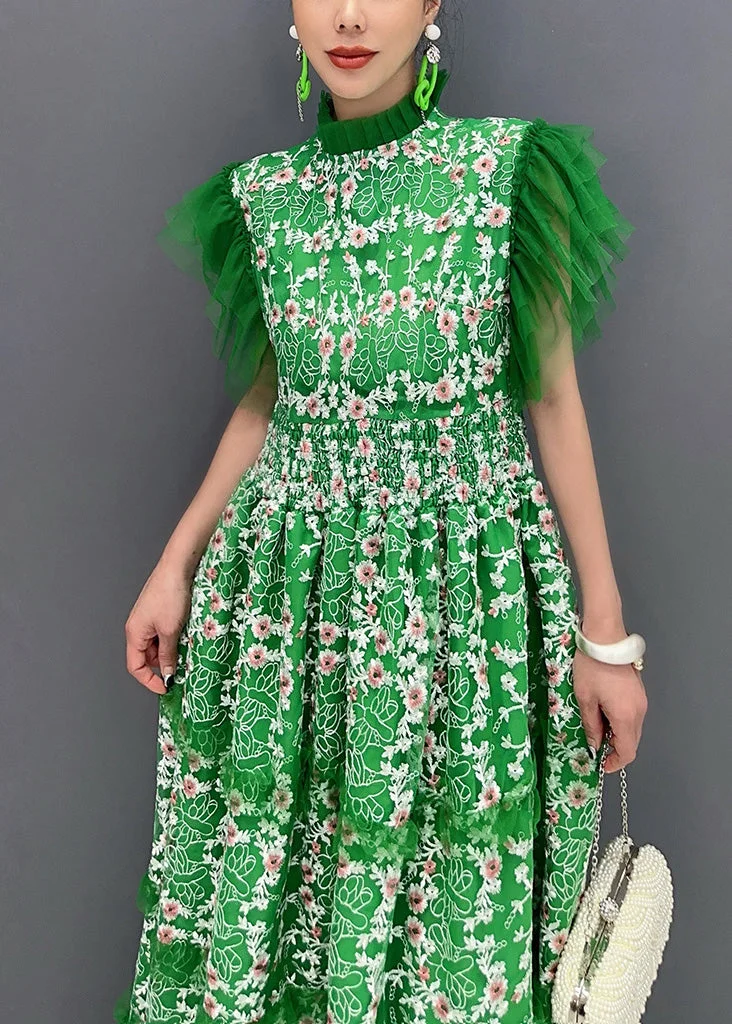 Women's Plus Size Green Printed Ruffle Patchwork Tulle Dress Spring