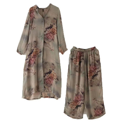 Loose Retro Printed Silk Cardigan Flutter Top + Wide Leg Pants Two Pieces