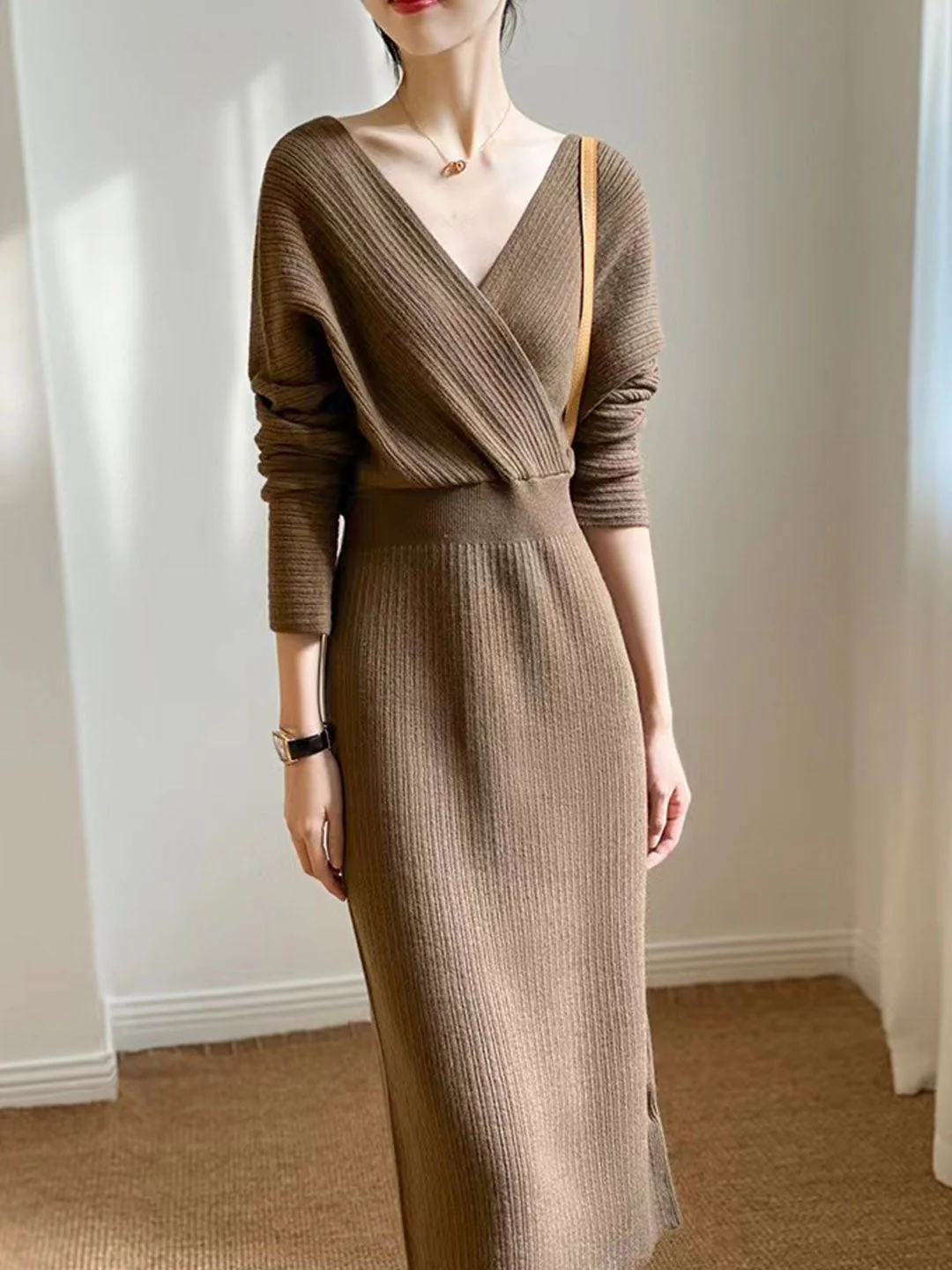 Women's V-Neck Knit Sweater Dresses