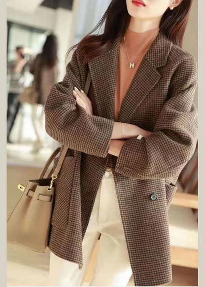 Suit Plaid Notched Pocket Wool Blend Jacket Long Sleeve