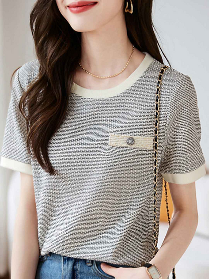 Loose Round Neck Textured Shirt Short Sleeve Top