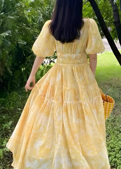 Italian Bohemian Yellow V Neck Printed Long Dress Summer