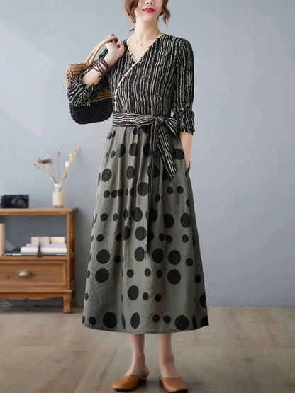 Elegant V-Neck Patchwork Polka Dot Tie Dress Short Sleeve