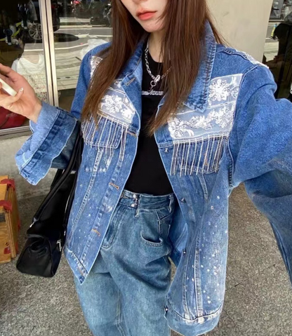 Fashion Beaded Pearl Embroidery Fringe Denim Jacket