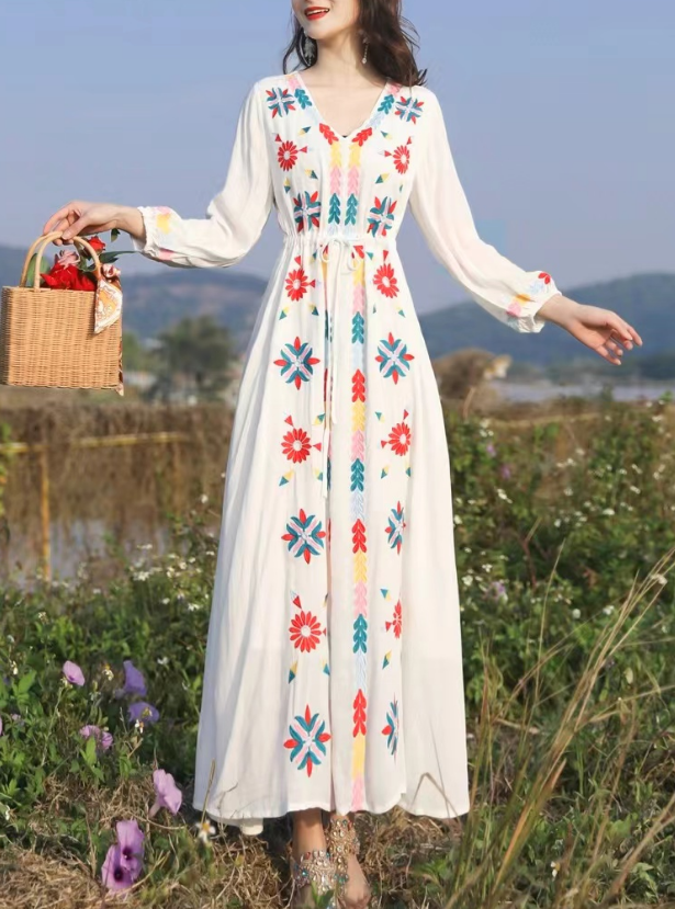 French V-Neck Embroidered Strappy Hem Long Sleeve Dress