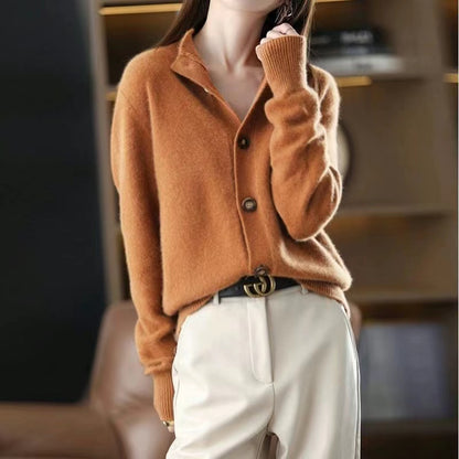 Loose Camel Stand Collar Wool Button Cardigan