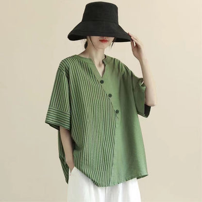 Casual Colorblocked Patchwork Asymmetric Short Sleeve Shirt Top