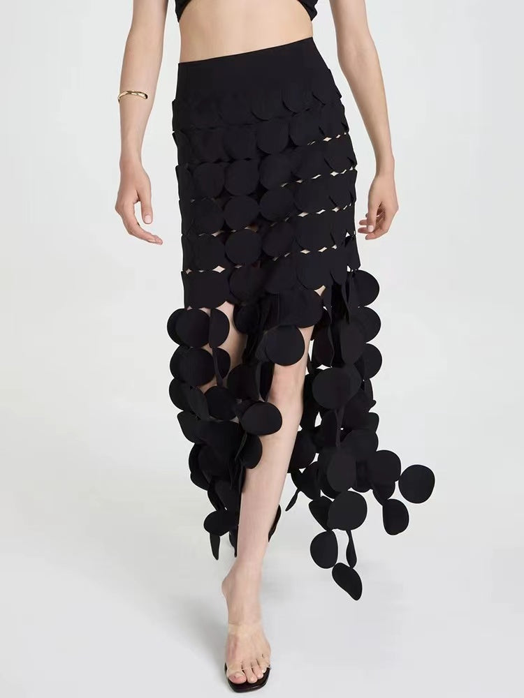 Elegant Round Piece Fringe Hollow Embroidery Fluttering Midi Skirt