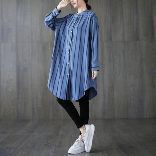 Casual Standing Collar Long Sleeve Shirt Long Top