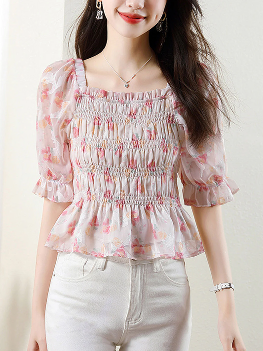 Elegant Square Neck Floral Print Short Sleeve Blouse Top