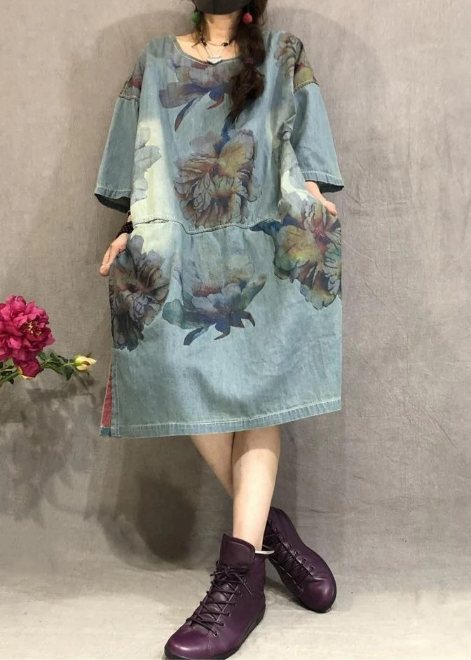 O Neck Printed Side Split Denim Short Sleeve Dress