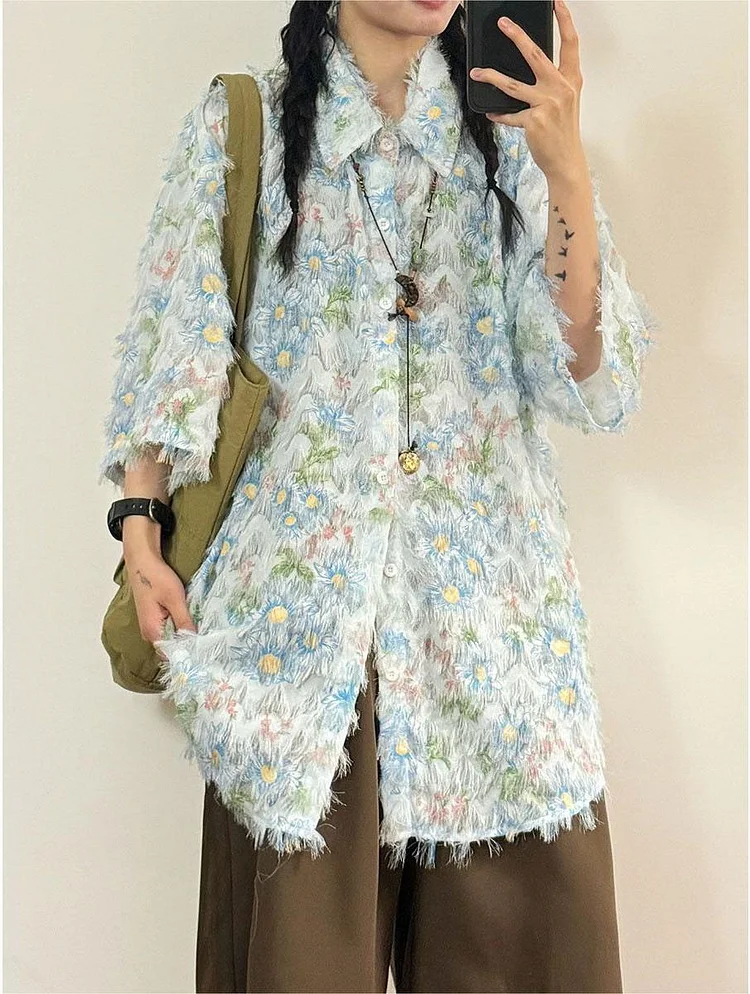 Women's Italian Blue Lapel Floral Tassel Half Sleeve Shirt Spring