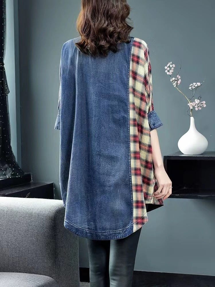 Fashion Patchwork Lapel Cardigan Short Sleeve Denim Top