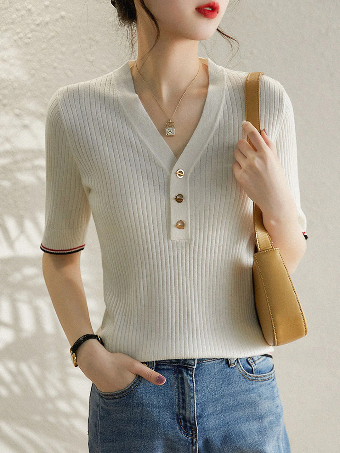 French V-Neck Striped Knit Shirt Short Sleeve Top