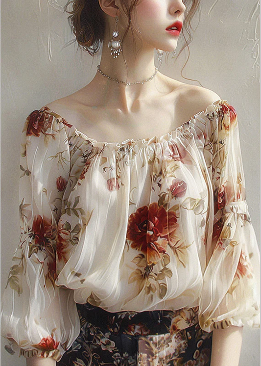 Ruffle Printed Slant Neck Printed Chiffon Half Sleeve Blouse Top