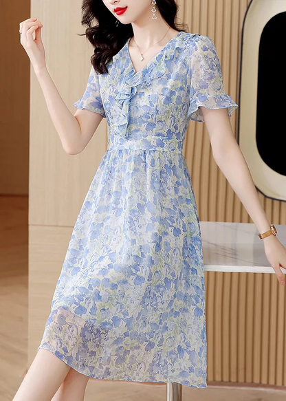 Elegant V-Neck Ruffle Print Short Sleeve Dress