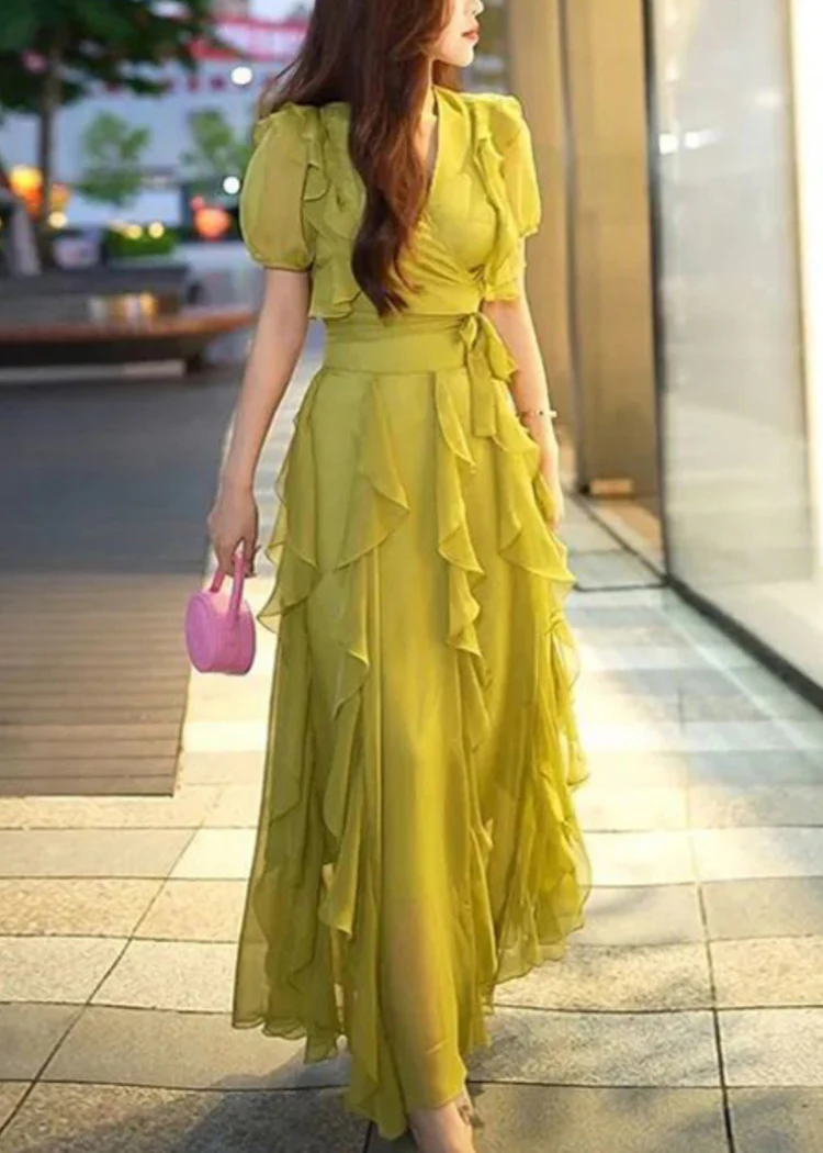 Elegant V-Neck Ruffled Chiffon Long Dress