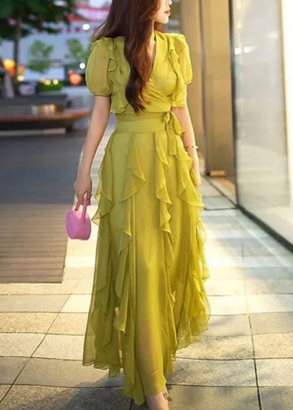 Elegant V-Neck Ruffled Chiffon Long Dress