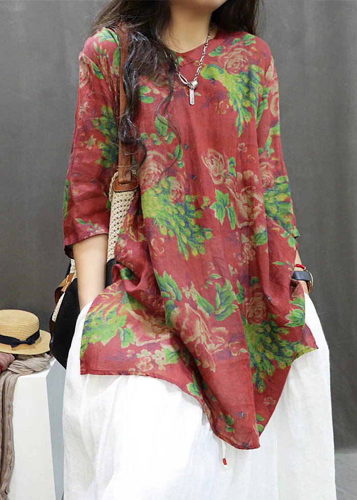 Loose Printed Side Split Cotton Blouse Top